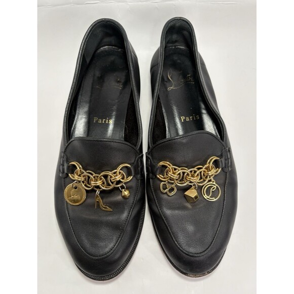 Christian Louboutin Black Embellished Leather Loafers Gold Charm Accents Sz 37 7 - Picture 1 of 11